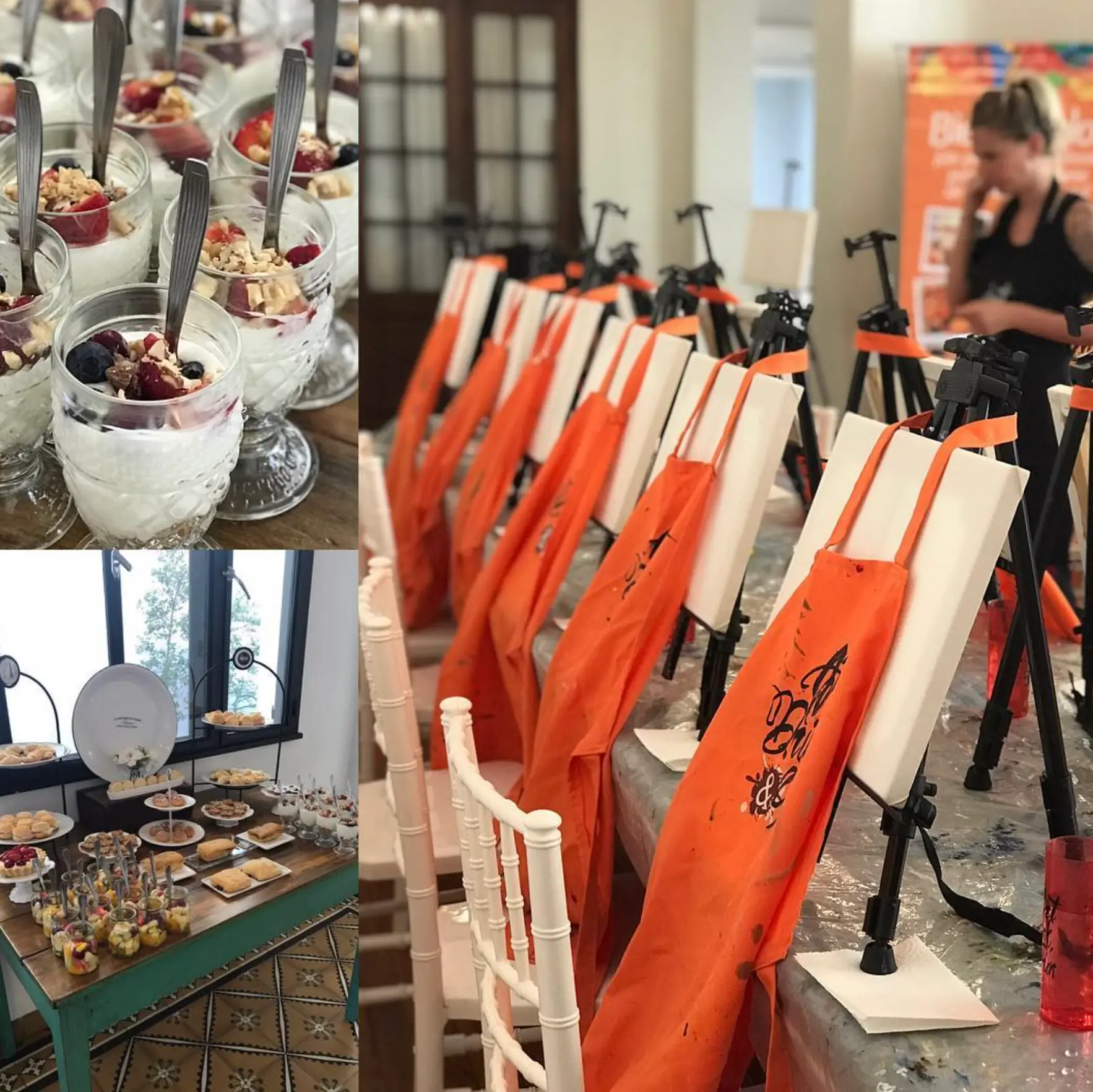 Taller de pintura con caballetes y delantales sobre las mesas