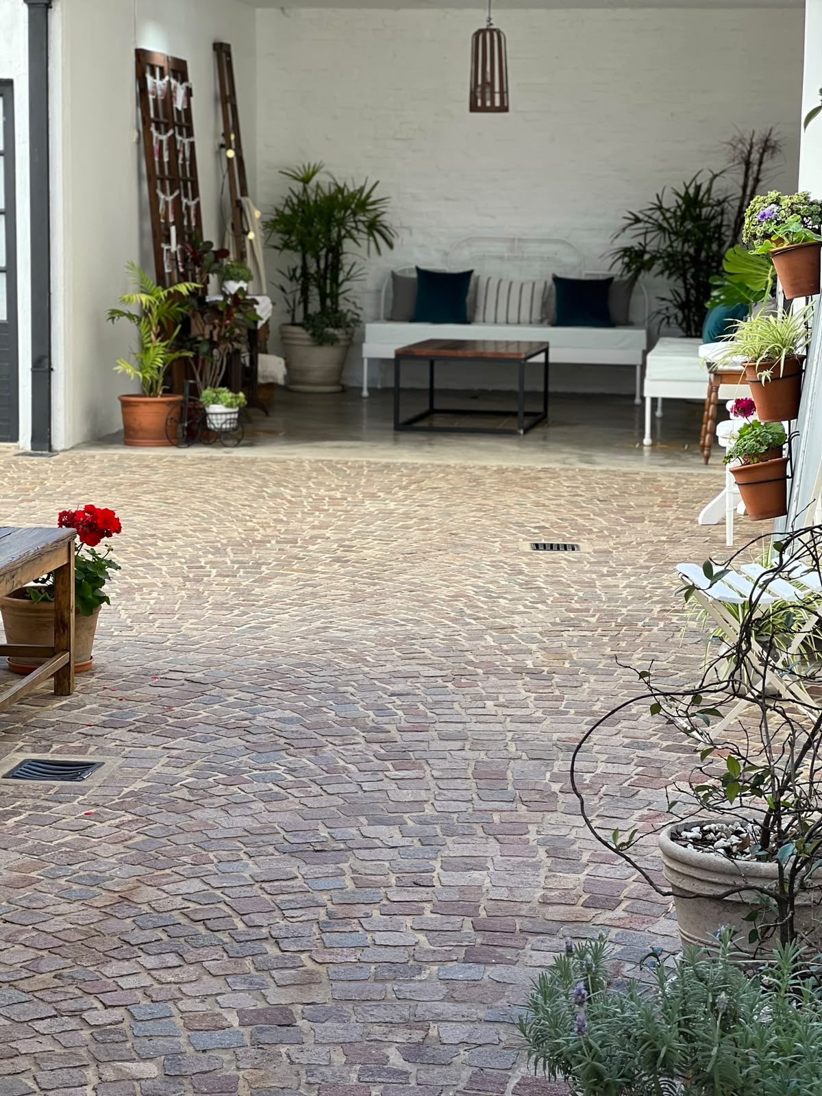 Patio empedrado con plantas y living exterior al fondo